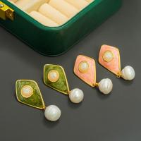 Messing Tropfen Ohrringe, mit Perlen & Harz, goldfarben plattiert, Modeschmuck & für Frau & Emaille, keine, frei von Nickel, Blei & Kadmium, 20x40mm, verkauft von Paar