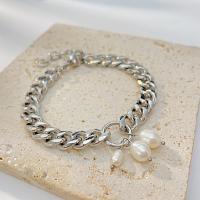 Stainless Steel Jewelry Bracelet, 304 Stainless Steel, with Freshwater Pearl, with 35MM extender chain, plated, fashion jewelry & for woman, more colors for choice, nickel, lead & cadmium free, Length:Approx 165 mm, Sold By PC