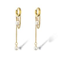 Titanium Steel  Earring with Plastic Pearl plated & for woman golden Sold By Pair