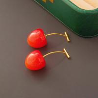 Brass Drop Earring with Resin Cherry gold color plated cute & fashion jewelry & for woman red nickel lead & cadmium free Sold By Pair