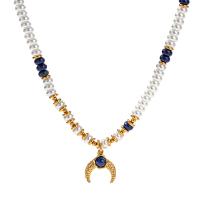 Stainless Steel Jewelry Necklace, 304 Stainless Steel, with Lapis Lazuli & Glass Pearl, with 2.17inch extender chain, 18K gold plated, fashion jewelry & for woman, Sold Per Approx 14.96 Inch Strand