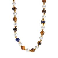 Stainless Steel smycken halsband, 304 rostfritt stål, med Lapis lazuli & Tiger Eye & Glass Pearl, 18K guldpläterad, mode smycken & för kvinna, Såld Per Ca 14.17 inch Strand