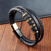 PU Leather Cord Bracelets, with 316L Stainless Steel, Vacuum Ion Plating, multilayer & for man, black, Length:21 cm, Sold By PC