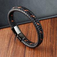 PU Leather Cord Bracelets, with 304 Stainless Steel, plumbum black color plated, for man, black, Length:21 cm, Sold By PC
