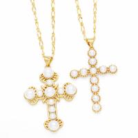 Couple Necklace Brass with Plastic Pearl with 5cm extender chain Cross plated fashion jewelry golden nickel lead & cadmium free Length 45 cm Sold By PC