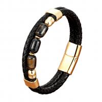 PU Leather Cord Bracelets with Tiger Eye & 304 Stainless Steel plated Unisex black Sold By PC