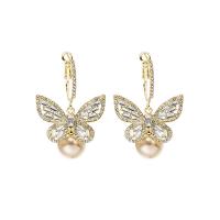 Zinc Alloy Drop Earrings with Plastic Pearl Butterfly gold color plated for woman & with rhinestone & hollow Sold By Pair