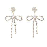 Zinc Alloy Drop Earring with Plastic Pearl Bowknot gold color plated for woman & enamel & with rhinestone Sold By Pair
