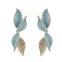 Tibetan Style Stud Earring, Leaf, gold color plated, for woman & enamel & with rhinestone, more colors for choice, 13x45mm, Sold By Pair