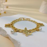 Stainless Steel Jewelry Bracelet 304 Stainless Steel with Plastic Pearl with 45mm extender chain Butterfly plated fashion jewelry & for woman gold nickel lead & cadmium free Length Approx 160 mm Sold By PC