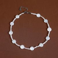 Collier de perles d'eau douce naturelles, perle d'eau douce cultivée, avec 5cm chaînes de rallonge, Plat rond, bijoux de mode & pour femme, blanc, 3-4mm,11-12mm, Longueur:Environ 34 cm, Vendu par PC
