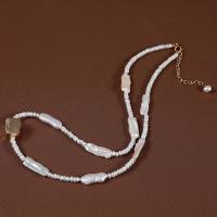 Freshwater Pearl Brass Chain Necklace, Pérolas de água doce, with cobre, with 5cm extender chain, 18K banhado a ouro, joias de moda & para mulher, branco, 7-8x18-19mm,3-4mm, comprimento Aprox 44 cm, vendido por PC
