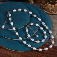 Ensembles de bijoux de perle d'eau douce de culture naturelle, Bracelet & collier, perle d'eau douce cultivée, avec laiton, avec 5cm chaînes de rallonge, Plaqué or 18K, 2 pièces & bijoux de mode & pour femme, blanc, 7-8mm, Longueur Environ 18 cm, Environ 40 cm, Vendu par fixé