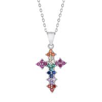 Cubic Zircon Micro Pave 925 Sterling Silver Necklace with 1.18inch extender chain Cross fashion jewelry & micro pave cubic zirconia & for woman nickel lead & cadmium free Length Approx 16.53 Inch Sold By PC