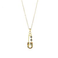 Collier Evil Eye bijoux, Acier inoxydable 304, avec 1.97inch chaînes de rallonge, Épingles de Kilt, bijoux de mode & pavé de micro zircon & pour femme, doré, 34x10mm, Vendu par Environ 15.75 pouce brin