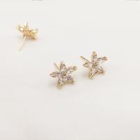 Brass Earring Stud Component, Flower, plated, DIY & micro pave cubic zirconia, gold, nickel, lead & cadmium free, 23x24mm, Sold By Pair