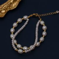 Sötvatten odlade Pearl Bracelet, Freshwater Pearl, med Mässing, med 5cm extender kedja, Dubbla lager & mode smycken & för kvinna, vit, 3-4mm,6-7mm, Längd Ca 16 cm, Säljs av PC
