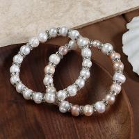 Freshwater Cultured Pearl Bracelet, Freshwater Pearl, with rhinestone brass spacer & Elastic Thread, fashion jewelry & for woman, more colors for choice, 7-8mm, Length:Approx 18 cm, Sold By PC