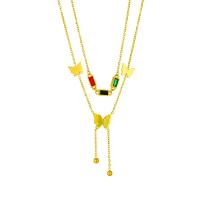 Titanstahl Halskette, mit Verlängerungskettchen von 2.56inch, Schmetterling, plattiert, Doppelschicht & für Frau & mit Strass, goldfarben, 14x11mm, verkauft per ca. 15.35 ZollInch, ca. 16.93 ZollInch Strang