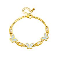 Titanium Steel Bracelet & Bangle, with Shell, with 1.57inch extender chain, Butterfly, plated, fashion jewelry & for woman & with rhinestone, golden, 11x9mm, Sold Per Approx 5.91 Inch Strand