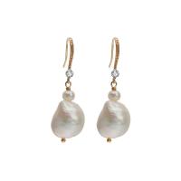 Freshwater Pearl Earrings, gold color plated, fashion jewelry & for woman & with rhinestone, white, 12.50x40mm, Sold By Pair