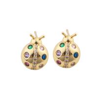 Cubic Zirconia Micro Pave Brass Earring, Ladybug, gold color plated, fashion jewelry & micro pave cubic zirconia & for woman, multi-colored, 13x10x4mm, Sold By Pair