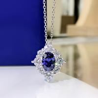 Brass Necklace, platinum color plated, fashion jewelry & micro pave cubic zirconia & for woman, sapphire, nickel, lead & cadmium free, 7x9mm,21mm, Length:45 cm, Sold By PC
