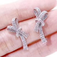 Cubic Zirconia Micro Pave Brass Earring Bowknot platinum color plated fashion jewelry & micro pave cubic zirconia & for woman nickel lead & cadmium free 25mm Sold By Pair
