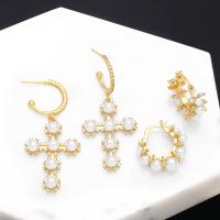 Cubic Zirconia Micro Pave Brass Earring with Plastic Pearl plated fashion jewelry & micro pave cubic zirconia nickel lead & cadmium free Sold By Pair