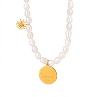 Titanium Steel Necklace with Freshwater Pearl with 2.76inch extender chain Flat Round gold color plated fashion jewelry & with letter pattern & for woman Length Approx 15 Inch Sold By PC