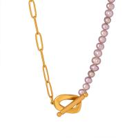 Titanium Steel Necklace with Freshwater Pearl with 2inch extender chain gold color plated fashion jewelry & for woman Length Approx 16.5 Inch Sold By PC