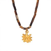 Titanium Steel Necklace, with Tiger Eye, with 2inch extender chain, Sun, gold color plated, fashion jewelry & for woman, Length:Approx 15.7 Inch, Sold By PC