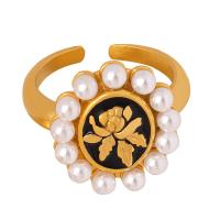 Titanium Steel Cuff Finger Ring, with Plastic Pearl, Vacuum Ion Plating, with flower pattern & for woman & enamel, more colors for choice, US Ring Size:7, Sold By PC
