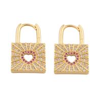 Cubic Zirconia Micro Pave Brass Earring, Lock, gold color plated, fashion jewelry & micro pave cubic zirconia & for woman, two different colored, 26x16x3mm, Sold By Pair