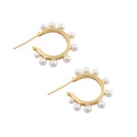 Messing Stud ørering, med Plastic Pearl, guldfarve belagt, mode smykker & for kvinde, to forskellige farvede, 23x27x6mm, Solgt af par
