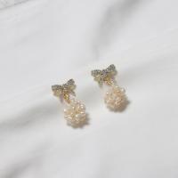 Freshwater Pearl Earrings, with Cubic Zirconia, gold color plated, vintage & fashion jewelry & for woman, white, 20mm, Sold By Pair