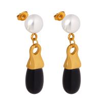 Titanium Steel  Earring with Glass Stone & Plastic Pearl Vacuum Ion Plating fashion jewelry & for woman Sold By Pair