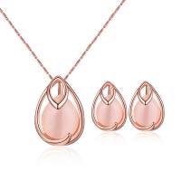 Zinc Alloy Jewelry Sets Stud Earring & necklace with Cats Eye 2 pieces & for woman & with rhinestone rose gold color nickel lead & cadmium free 13*19mm 8*13mm Length Approx 15.75 Inch Sold By Set