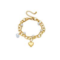Titanium Steel Bracelet & Bangle, with Plastic Pearl, with 1.97inch extender chain, plated, Double Layer & fashion jewelry & for woman, golden, 12x11mm, Sold Per Approx 6.69 Inch Strand