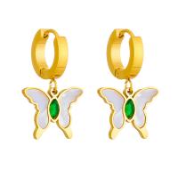 Titanium Steel  Earring, with Shell, Butterfly, plated, fashion jewelry & for woman & with rhinestone, golden, 30mm, Sold By Pair
