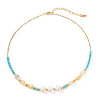 Stainless Steel Jewelry Necklace, 304 Stainless Steel, with Gemstone & Freshwater Pearl, with 5.5cm extender chain, plated, fashion jewelry, golden, Length:40 cm, Sold By PC