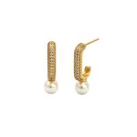 925 Sterling Silver Stud Earrings with Plastic Pearl plated micro pave rhinestone & for woman Sold By Pair
