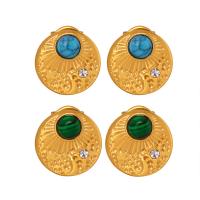 Titanium Steel Stud Earring, with turquoise, Round, gold color plated, fashion jewelry & for woman & with rhinestone, more colors for choice, 12x12mm, Sold By Pair
