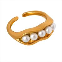 Titanium Steel Cuff Finger Ring, with Freshwater Pearl, Vacuum Ion Plating, fashion jewelry & for woman, more colors for choice, US Ring Size:7, Sold By PC