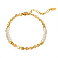 Brass Bracelet, with Freshwater Pearl, with 2inch extender chain, gold color plated, fashion jewelry & for woman, Length:Approx 5.9 Inch, Sold By PC