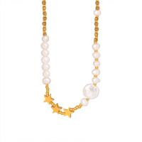 Titanium Steel Necklace, with Freshwater Pearl, with 2.76inch extender chain, Star, gold color plated, fashion jewelry & for woman, Length:Approx 15 Inch, Sold By PC