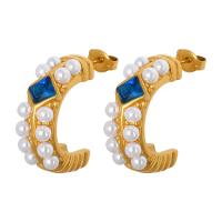 Titanium Stål Stud Earring, med Plastic Pearl, Letter C, mode smykker & Micro Pave cubic zirconia & for kvinde, flere farver til valg, 15x21mm, Solgt af par