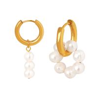Titanium Steel Asymmetric Earrings, with Freshwater Pearl, gold color plated, fashion jewelry & for woman & hollow, 7x38mm,18x26mm, Sold By Pair