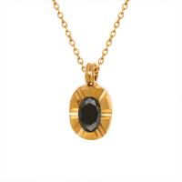 Titanium Steel Necklace, with 2inch extender chain, Oval, gold color plated, fashion jewelry & micro pave cubic zirconia & for woman, Length:Approx 15.7 Inch, Sold By PC