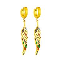 Titanium Steel  Earring, Leaf, plated, fashion jewelry & for woman & enamel, golden, 65mm, Sold By Pair